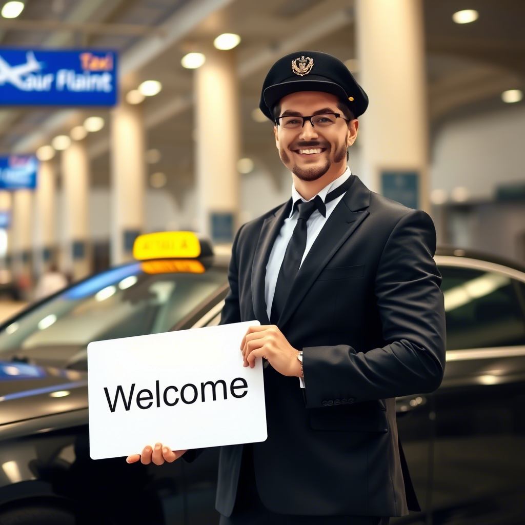 Chauffeur souriant tenant une pancarte 'Welcome' à l'aéroport