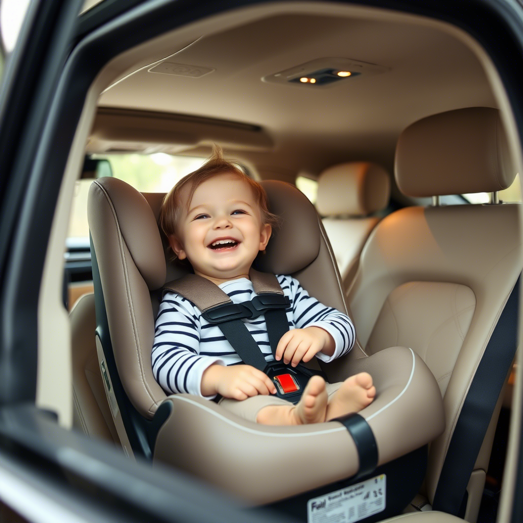 Bébé souriant assis dans un siège auto sécurisé
